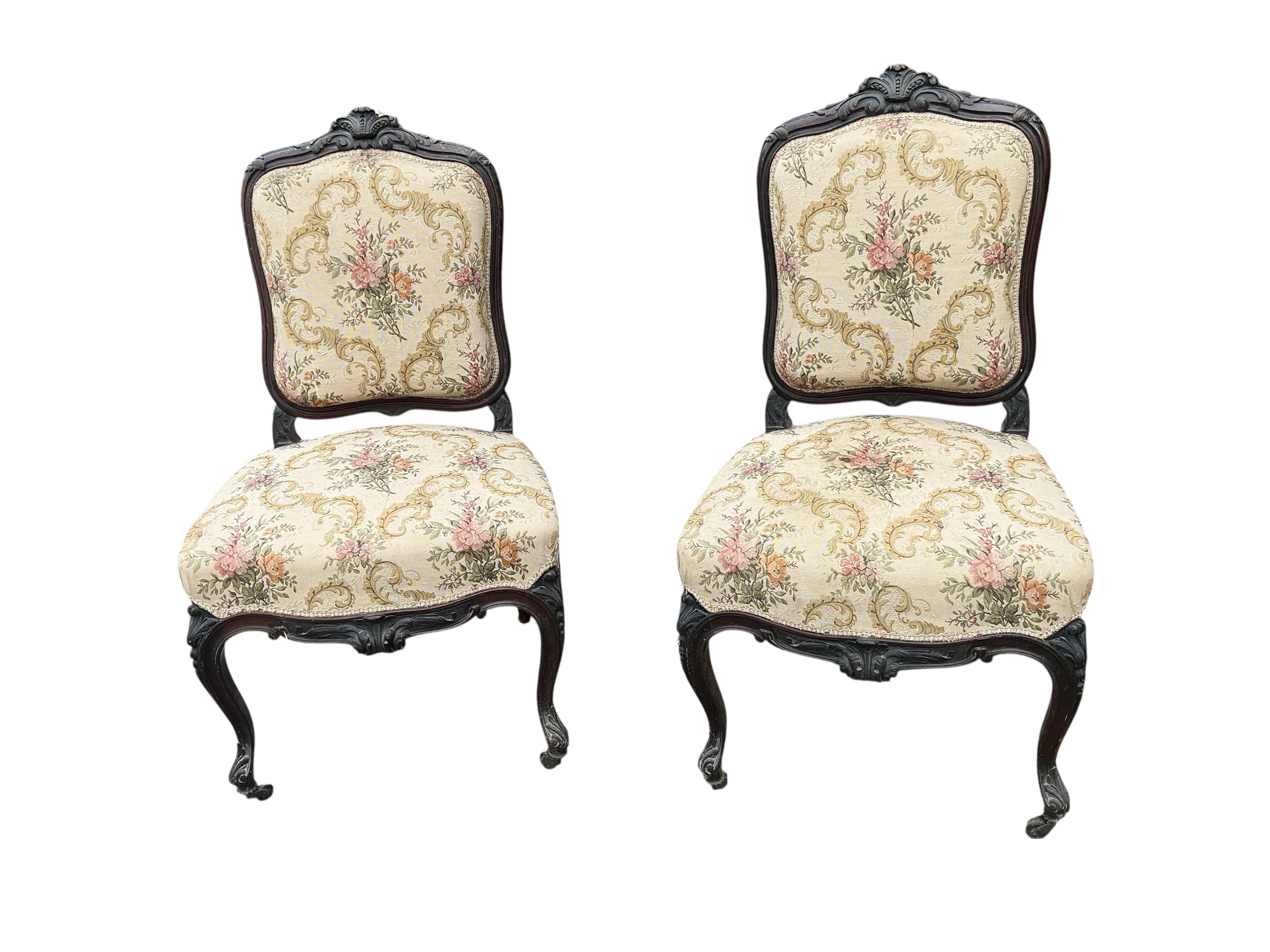 Three 19th century French carved tapestry upholstered chairs, one with arms, largest width 64cm, depth 56cm, height 105cm